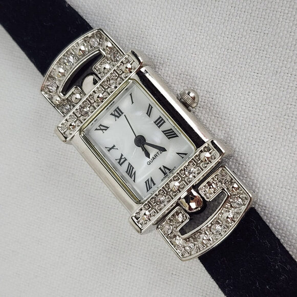Quartz Silver & Rhinestone Black Band Watch - Picture 3 of 6